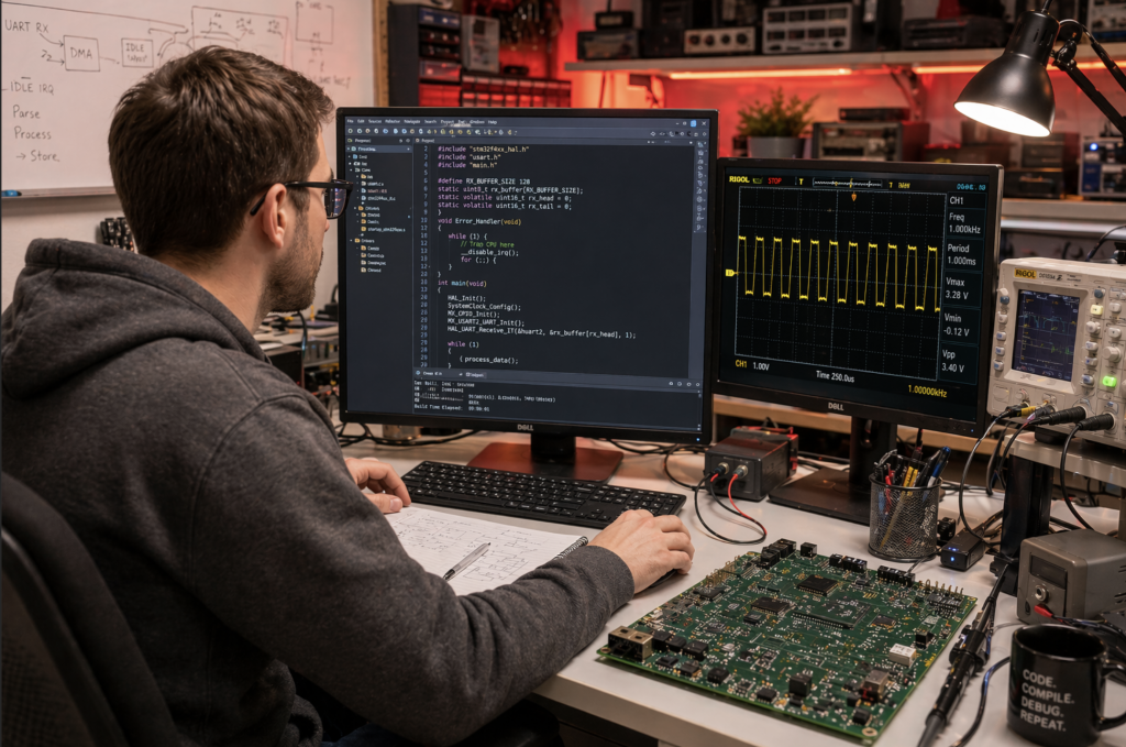 Firmware engineer debugging STM32 embedded system with oscilloscope and HAL UART code